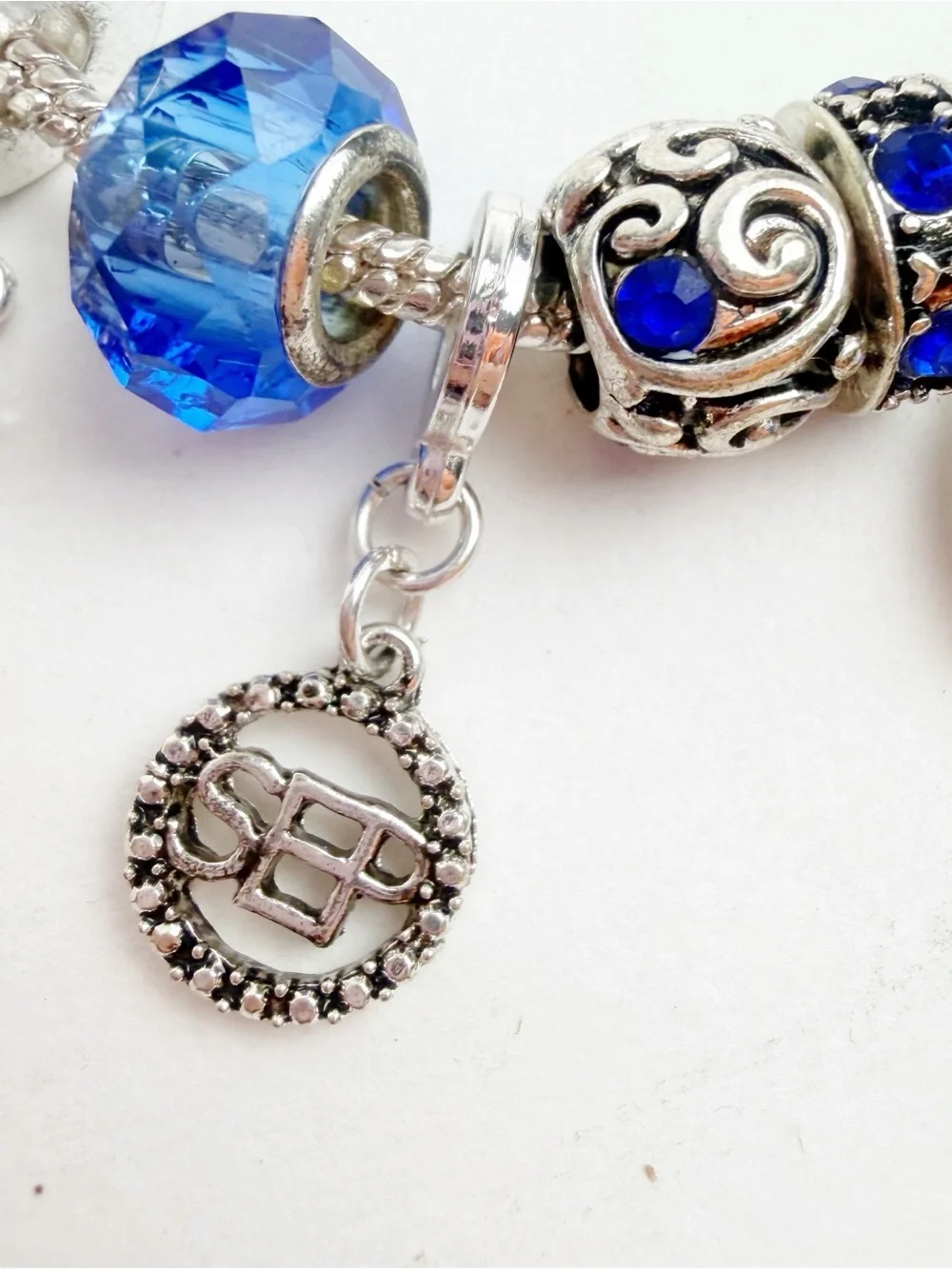 September Sapphire Blue Birthstone Charm Bracelet Silvertone Baby Feet